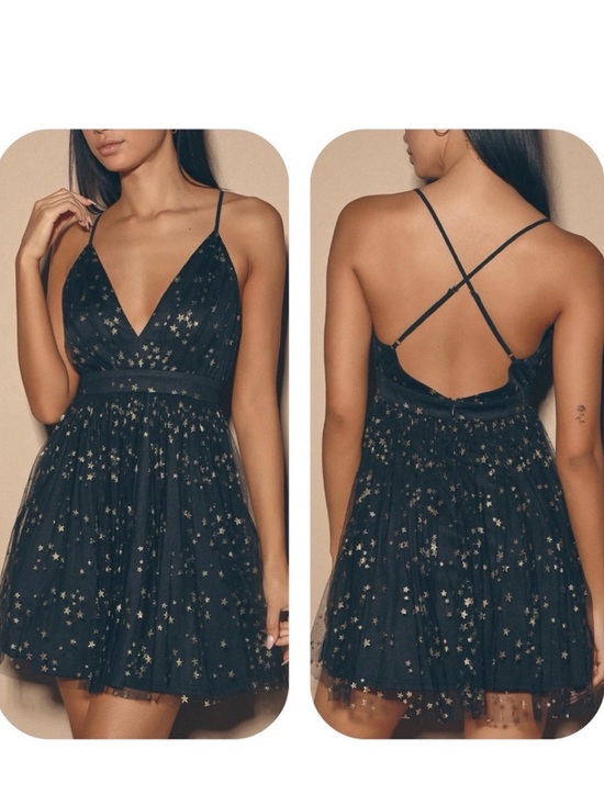 Lulus Dresses & Skirts - Lulu’s Black Mini Fit & Flare Dress Gold Star Mesh Overlay Size M Dark Fairy